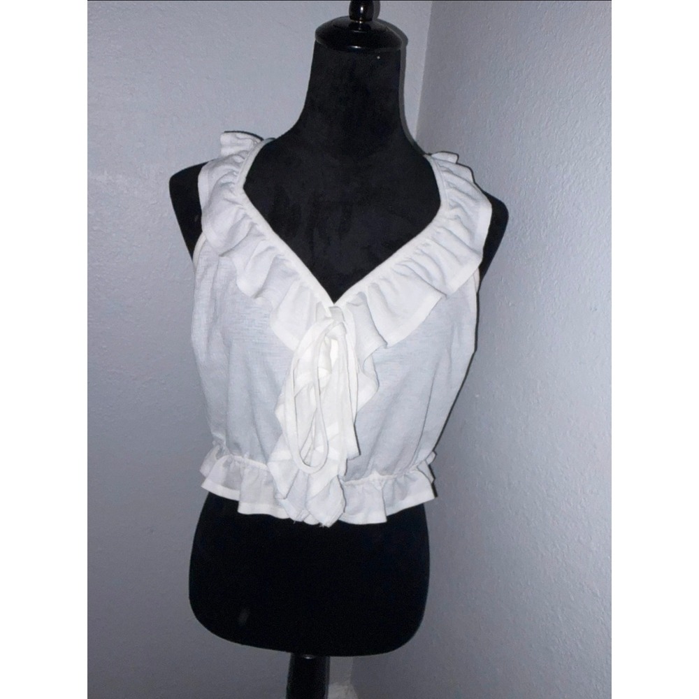 Shasa Womens White Ruffle V-Neck Tie Front Cropped Peasant Tank Top Boho